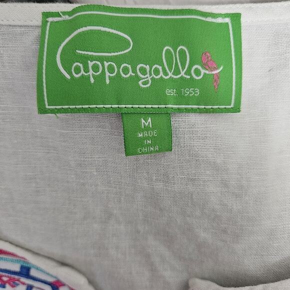 Pappagallo Women M White Linen Blend Tunic Top Blouse Pink Blue Embroidered - Picture 6 of 10